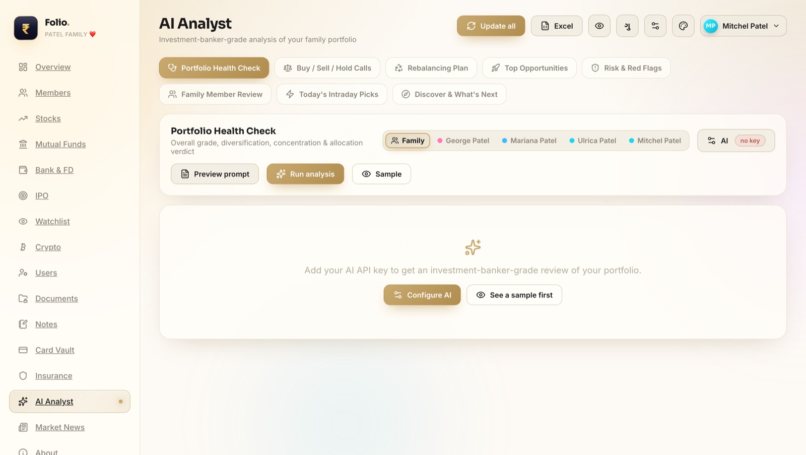 Folio AI Analyst with portfolio health check and other modes