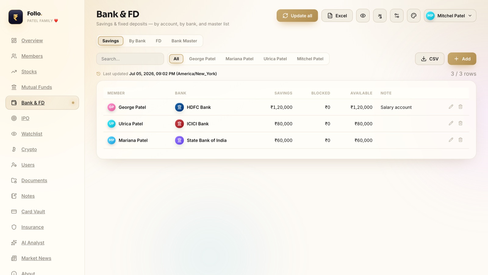 Folio bank and fixed deposit page