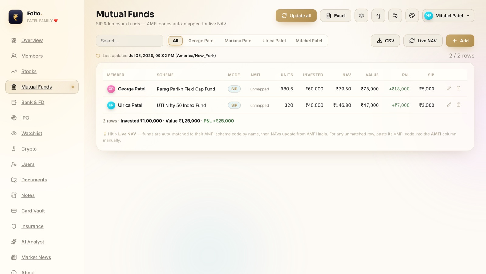 Folio mutual funds page with live NAV